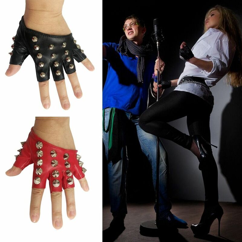 Sarung tangan kulit PU Punk uniseks, sarung tangan Rivet performa hitam merah kreatif, aksesori berkendara setengah jari