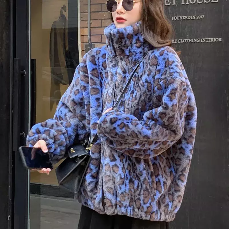 Autumn Winter 2024 Korean Version Loose Warm Lamb Hair Women Short Coat Female Leopard Fur Plush  Women's Clothing N176