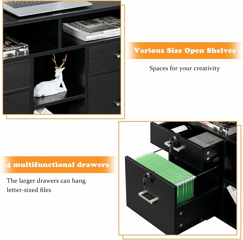 Drewniana mobilna szafka na dokumenty z 4 szufladami i półkami, stojak na drukarki i otwarty schowek, zamykana boczna szafka na dokumenty do domowego biura