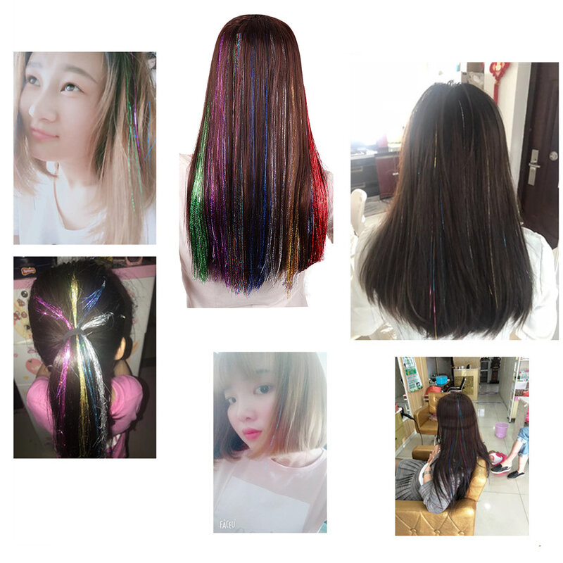 Extensiones de pelo postizas sintéticas para niña, oropel brillante de color arcoíris, tiras de purpurina decorativas, 120 hebras, accesorios para el cabello