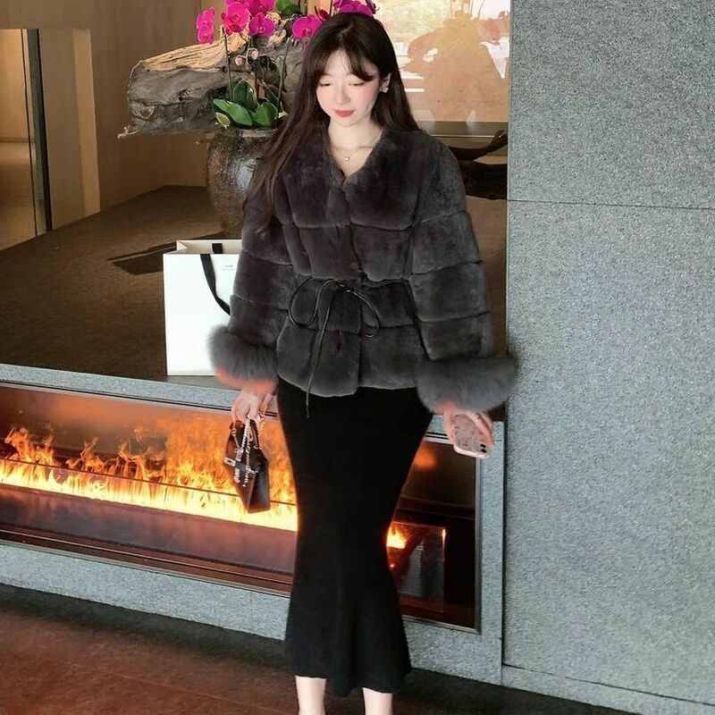 Casaco de pele de raposa imitação feminina, casaco casual com decote em v, punho curto de pele sintética, inverno coreano