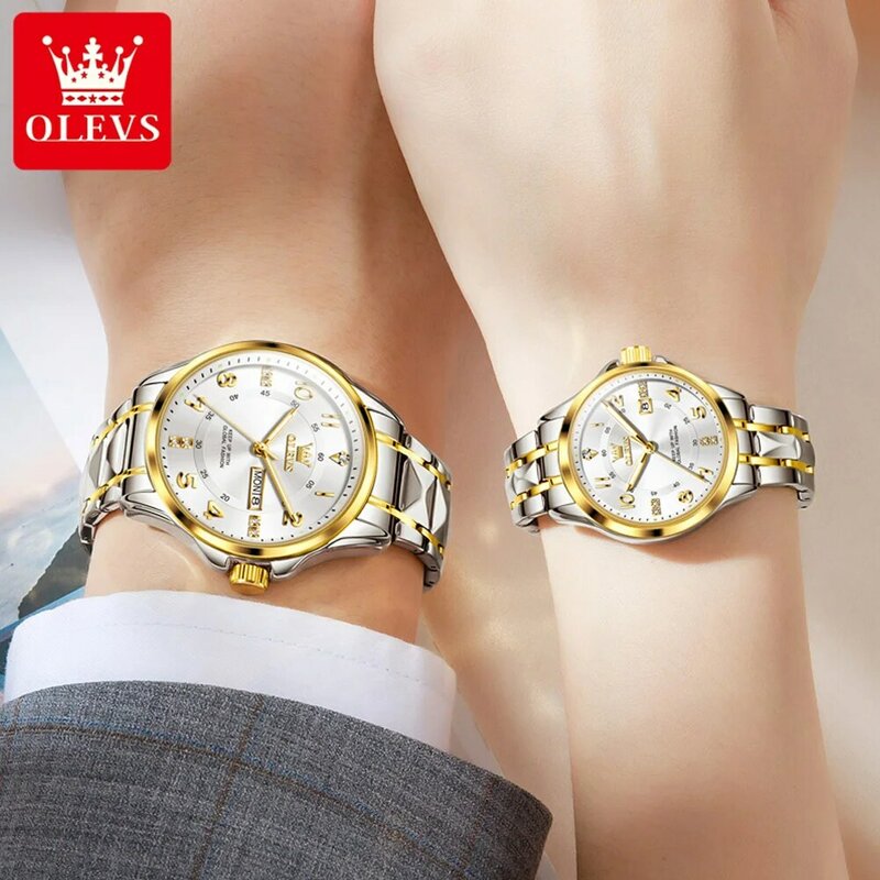 OLEVS Couple Watch for Men and Women Stainless Steel Digital Dial Wedding Watches Fashion Luxury Brand Lover's Quartz Wristwatch