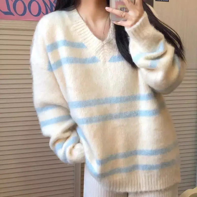 Maglione Pullover in pile di visone nuovo da donna autunno versione coreana maglione accademico maglione con scollo a v lavorato a maglia addensato sciolto da donna