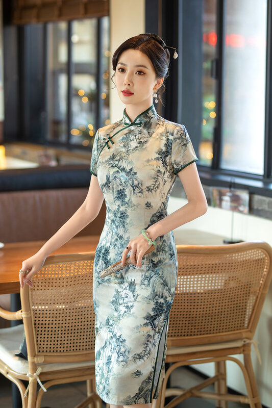 Qipao женский двухслойный Повседневный Шелковый ретро-стиль средней длины со стоячим воротником и коротким рукавом, весна 2024