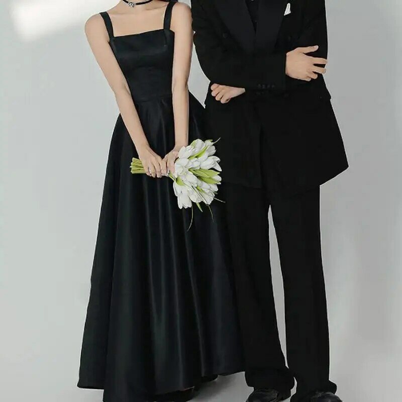 2023 nowe suknie ślubne w linii mody paski Spaghetti sięgające do podłogi suknia ślubna czarne satynowe proste eleganckie Vestidos De Novia