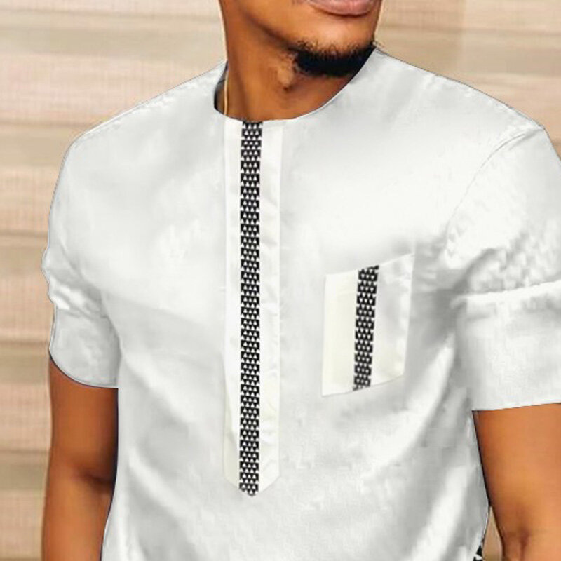 Camisa branca tradicional estampada para homens, manga curta, tops dashiki, streetwear masculino, roupas casuais africanas, camisetas longas, 2023