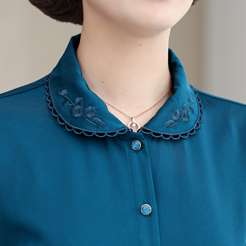 Женский свободный топ с коротким рукавом, элегантная Однотонная рубашка оверсайз из шелка с атласной отделкой и вышивкой, одежда для бабушки