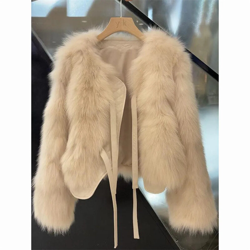 Autumn And Winter Fox Loose Solid Color Round Neck Fur Coat Female Short New Korean Version Of Joker Lace-Up Thick Fashion Coat