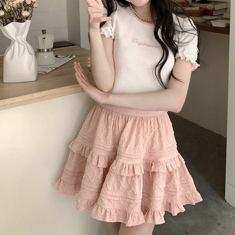 Deeptown-minifalda kawaii de estilo japonés para mujer, Falda corta con volantes en capas, color rosa, con encaje, elegante
