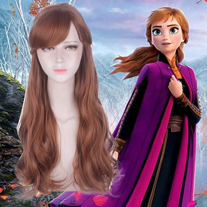 Anna-Peluca de princesa trenzada para Cosplay, pelo sintético largo ondulado marrón, resistente al calor, Anime, fiesta de Halloween, peluca + gorro