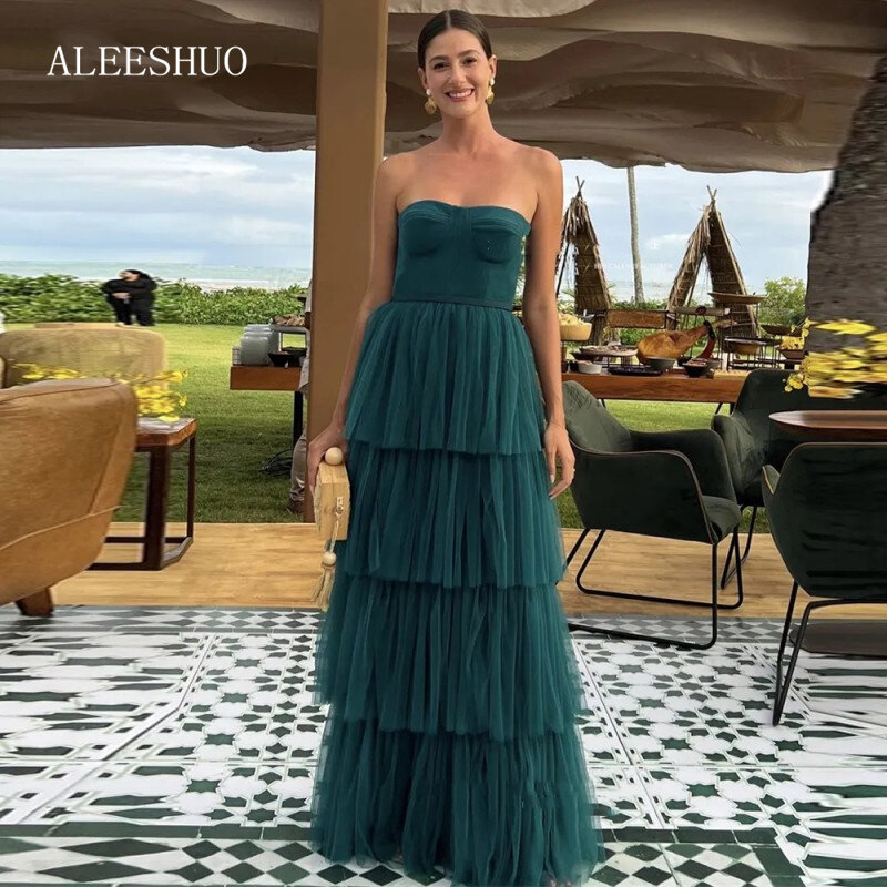 Aleeshuo Vintage A Line Dark Evening Dresses Velvet Top Strapless  Tulle Tiered Skirt Arabic Women Formal Party Dress Prom Gowns
