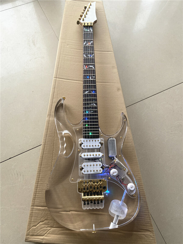 Wysokiej jakości akrylowy krystalicznie czyste z pleksiglasu podwójny wstrząs gitara elektryczna w kolorze led akcesoria do lśniąca złota za darmo