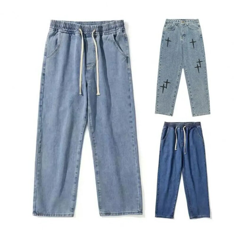 Breathable Men Jeans Wide Leg Star Embroidery Soft Men's Pants Straight Zipper Button Closure Hip Hop Men Long Pants Streetwear
