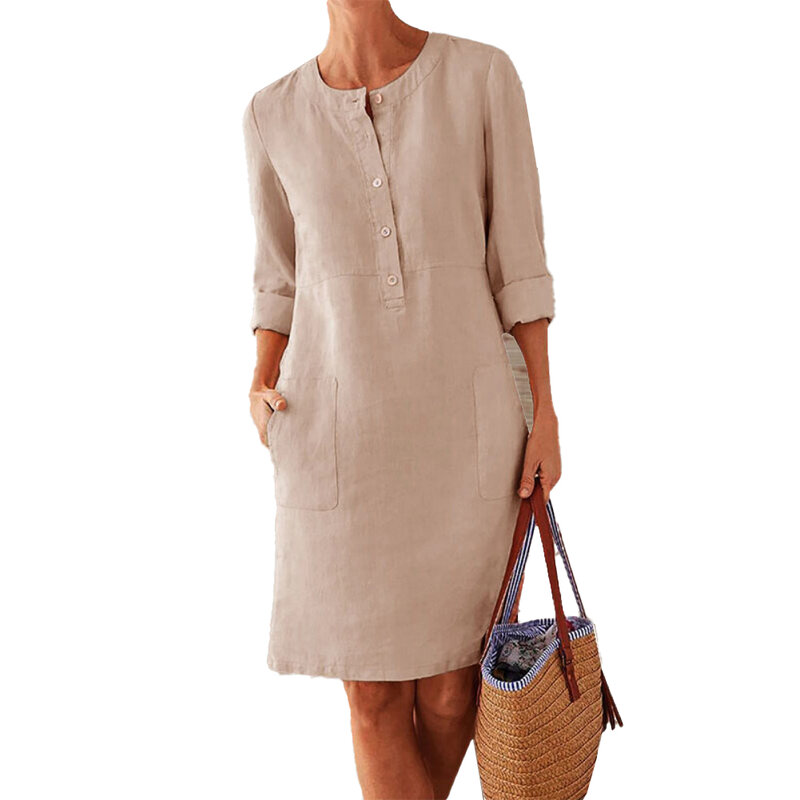 Женское пляжное платье на пуговицах, яркий элегантный винтажный Однотонный сарафан из хлопка и льна с длинными рукавами, карманами, халат для осени
