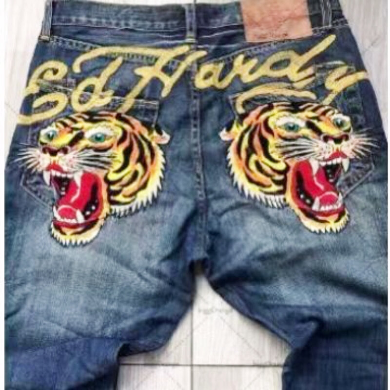 2024 y2k retro high street tiger jeans European and American street hip-hop men's slim dark straight long pants jeans for women