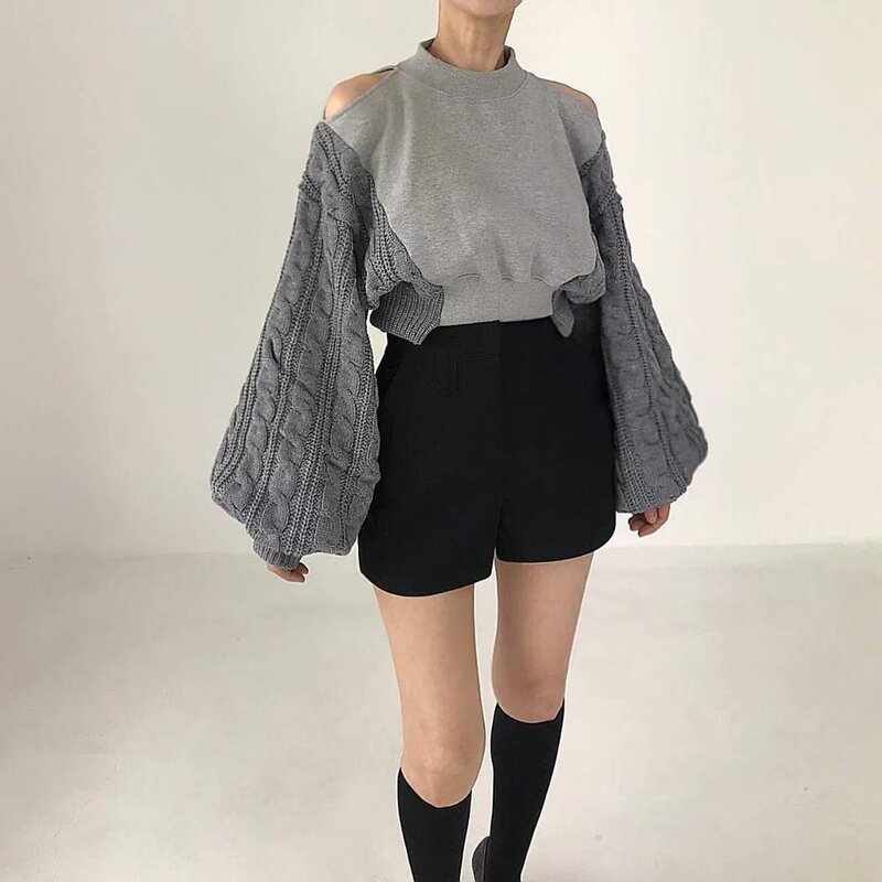 Suéter de manga lanterna vintage feminino, sexy oco fora tops, ombro fora, com capuz de malha costurado, moda chique coreana, outono