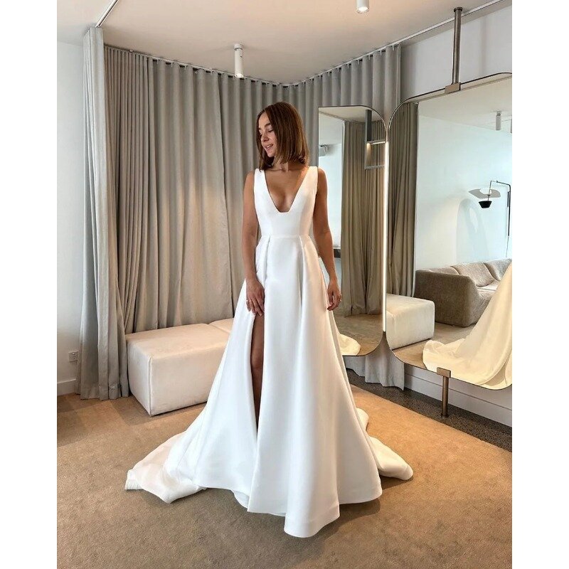 Wakuta Simple Sexy Wedding Dress Deep V Neck Evening Gown High Slit Satin Backless Bridal Gown for Women Vestidos De Novia 2024