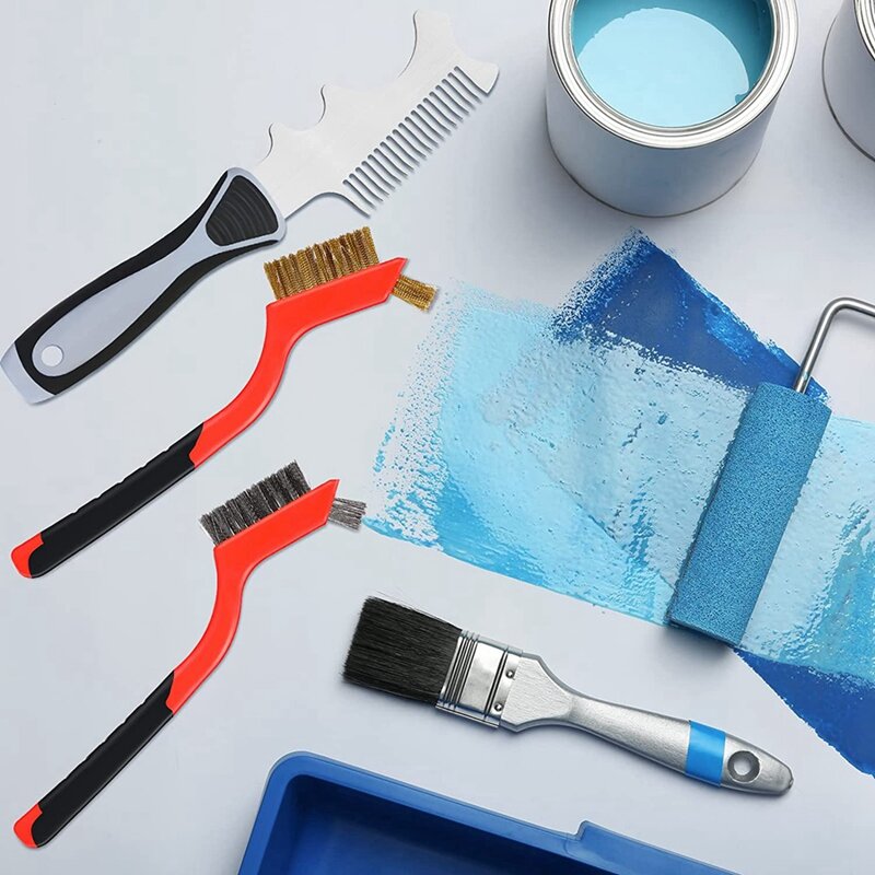3 pcs 4-em 1 escova de pintura pente fio escova conjunto, escova rolo limpador ferramenta de limpeza esfregando sujeira Paintbrush Cleaners