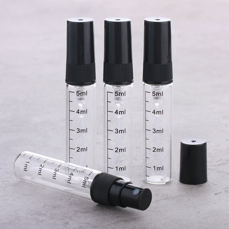 Botella de Perfume rellenable de vidrio, atomizador de plástico negro, contenedor de viaje para cosméticos, 5ml
