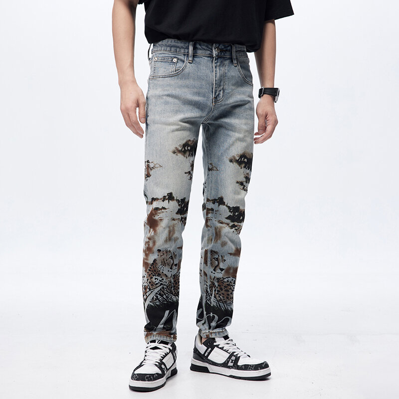 New Style Jeans Men Washed With Water Personalized Printing Fashion Trendy Brand Straight  Versatile Slim Fit Youth Denim Pants