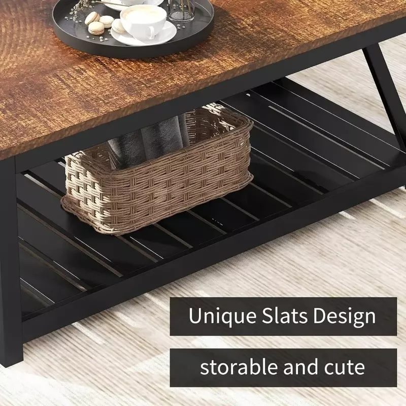 Black Coffee Table, Rural Retro Table with Living Room Shelf, 40 Inches Coffee Table