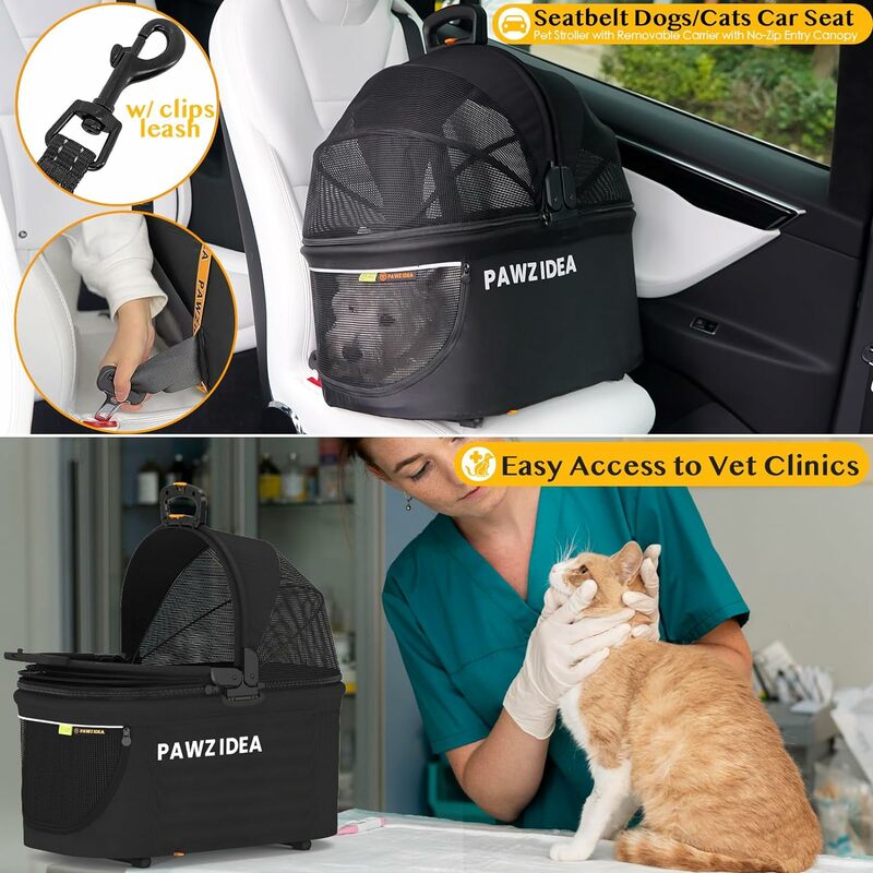 Коляска PAWZIDEA 4 в 1 для домашних животных, прогулочная коляска для маленьких/средних собак и кошек со съемным переносчиком, ремень безопасности без молнии для щенков
