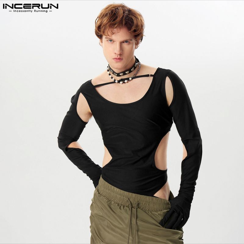 INCERUN-Barboteuses sexy pour hommes, costume de batterie, document solide, col rond, manches longues, évider, streetwear, fitness, mode 2024, S-5XL