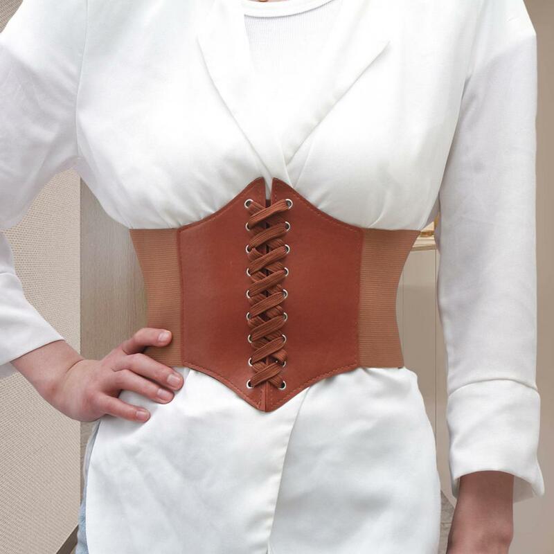 Espartilho elástico de couro sintético para mulheres, cintura corporal, cinto largo com cordões, acessórios de roupas, shaping requintado