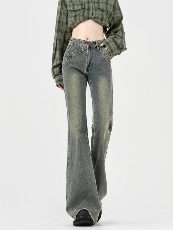Джинсы женские весенние градиентные, модные брюки-клеш с карманами, повседневные Элегантные уютные универсальные Простые Длинные брюки-клеш