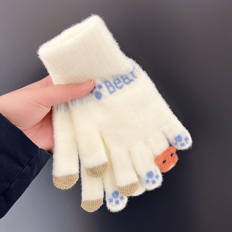 Женские теплые перчатки для сенсорного экрана, зимние уличные варежки с милым улыбающимся лицом, плюшевые флисовые бархатные перчатки из искусственного кашемира, 2 шт.