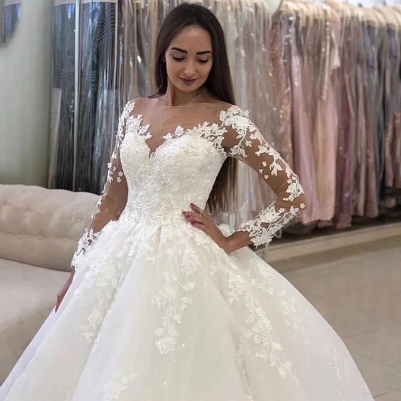 2024 A-Line Long Sleeve Wedding Dresses Saudi Arabia Bridal Gowns Court Train Elegant Lace Appliques Bride Gown Vestido De Noiva