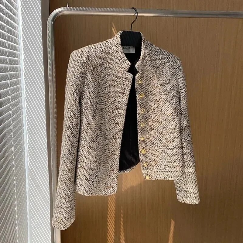 Temperamento elegante jaqueta de manga comprida feminina, casaco feminino de peito único, moda feminina, outwear de primavera e outono, 2024