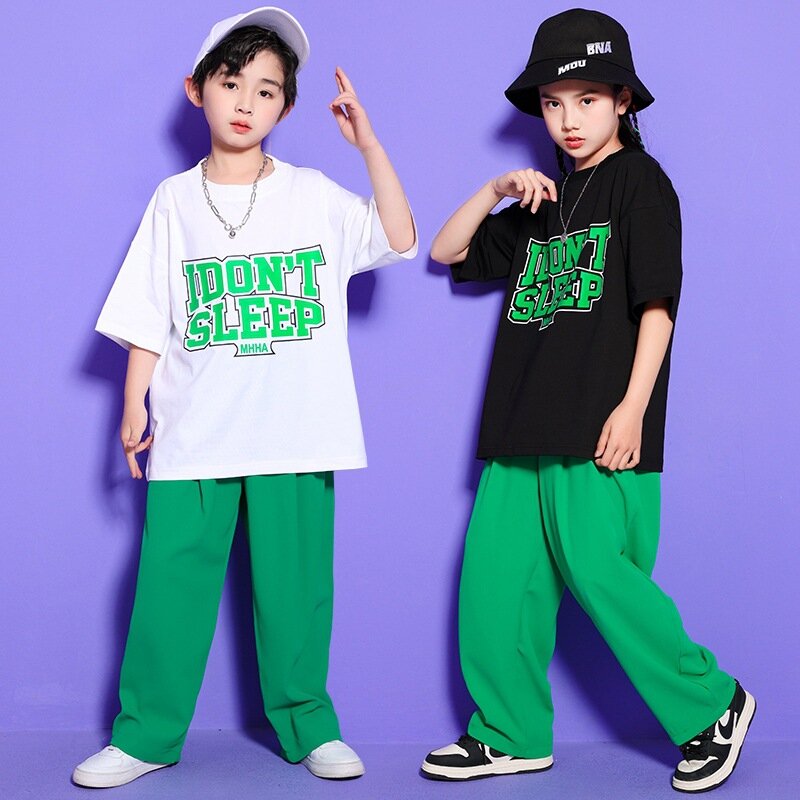 Kaus Gambar Huruf Hitam Anak Laki-laki Set Baju Celana Longgar Pakaian Tari Jalanan Anak-anak Kostum Streetwear Anak 4 6 8 10 12 14Y