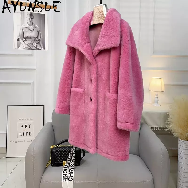 AYUNSUE cappotti di lana di agnello granulare per le donne 2023 autunno inverno giacca di tosatura di pecora di media lunghezza colletto alla coreana monopetto Abrigo
