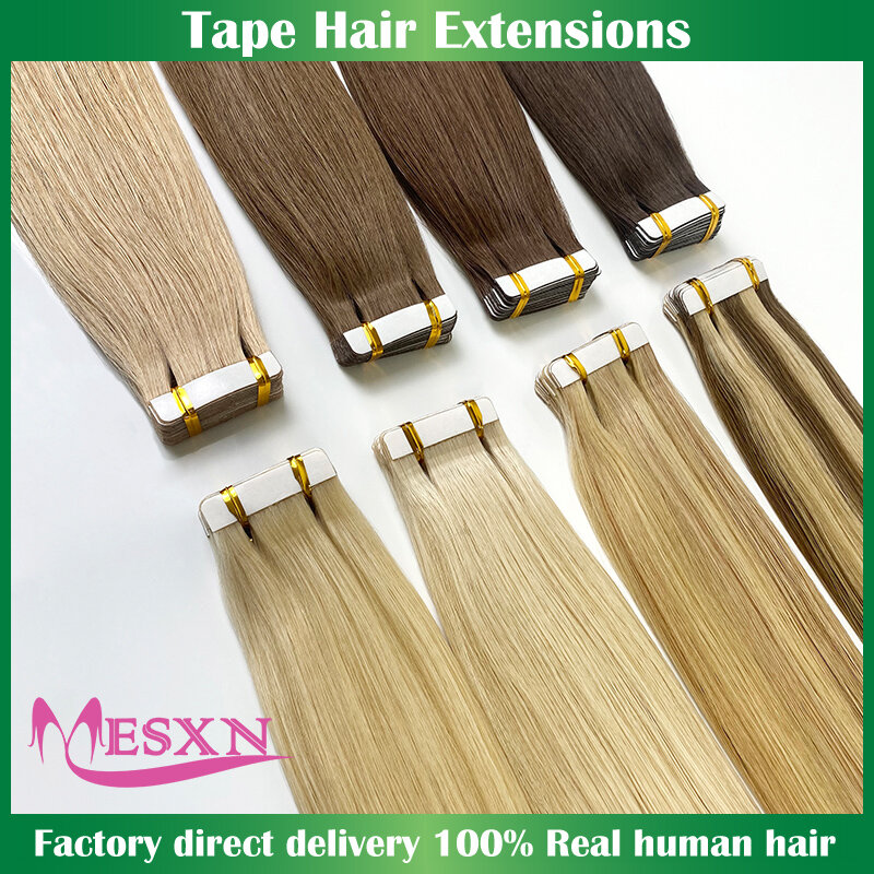 MESXN Tape in Hair Extensions capelli umani 100% Real Natural Hair Tape trama InsInvisible soft 10pcs 16 "-24" nero marrone biondo