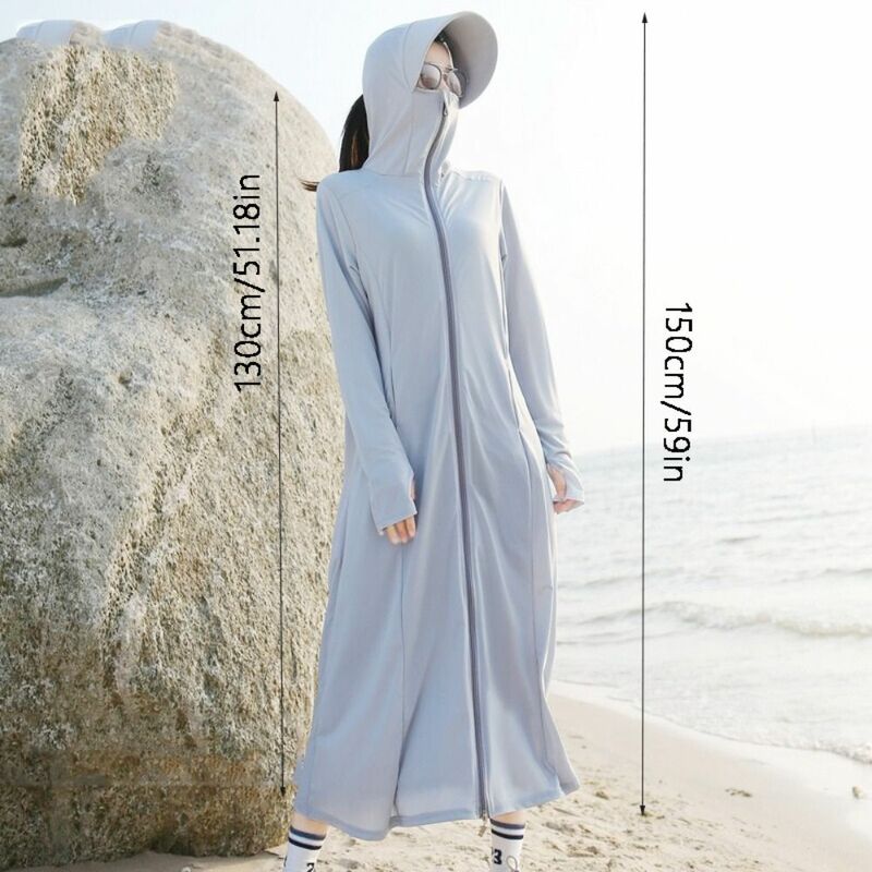 Abrigo largo de protección solar de seda de hielo, cómodo sombrero transpirable, vestido Anti-UV, manga larga con capucha, Sudadera larga de playa, Verano