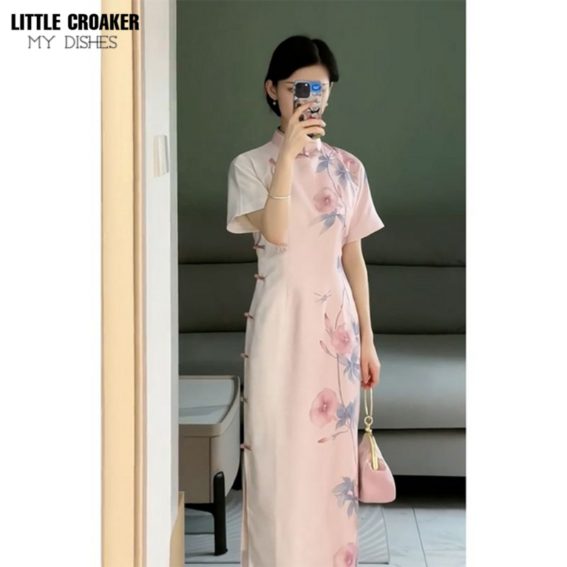 여성용 핑크 새틴 인쇄 개선 치파오 드레스, 중국 우아한 분위기, 부드러운 스타일, 롱 드레스, 여름 신상