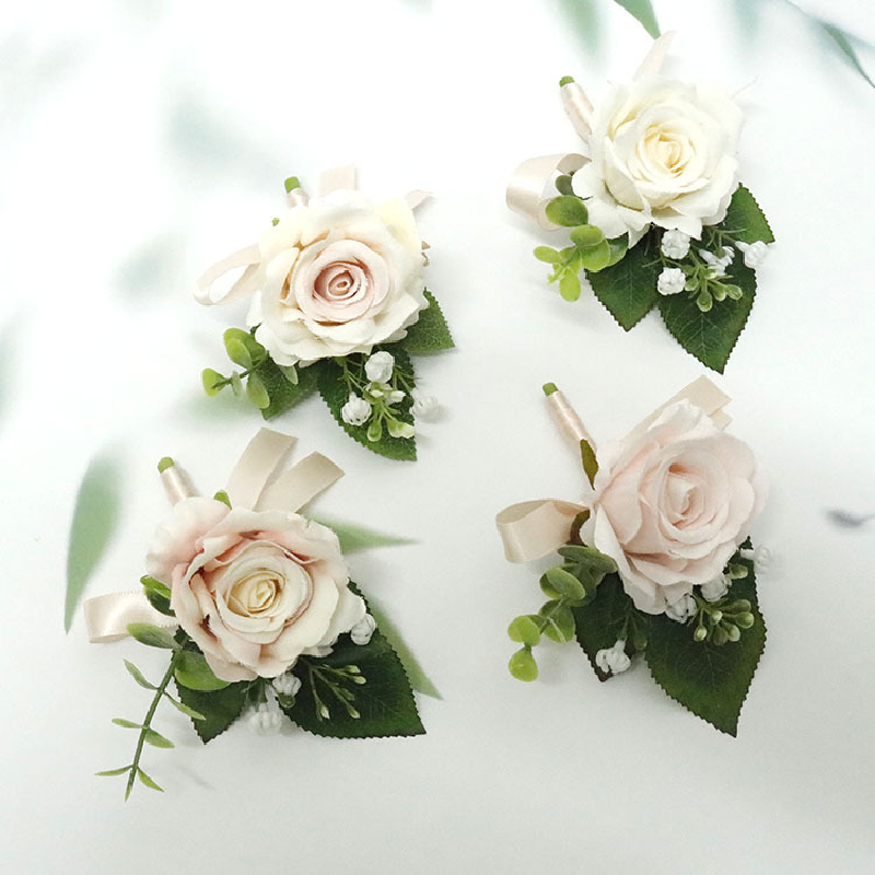 Бутоньерка и корсаж на запястье, свадебные принадлежности, банкетные гости, искусственные цветы для жениха, невесты, розы, разные цвета, серия 385
