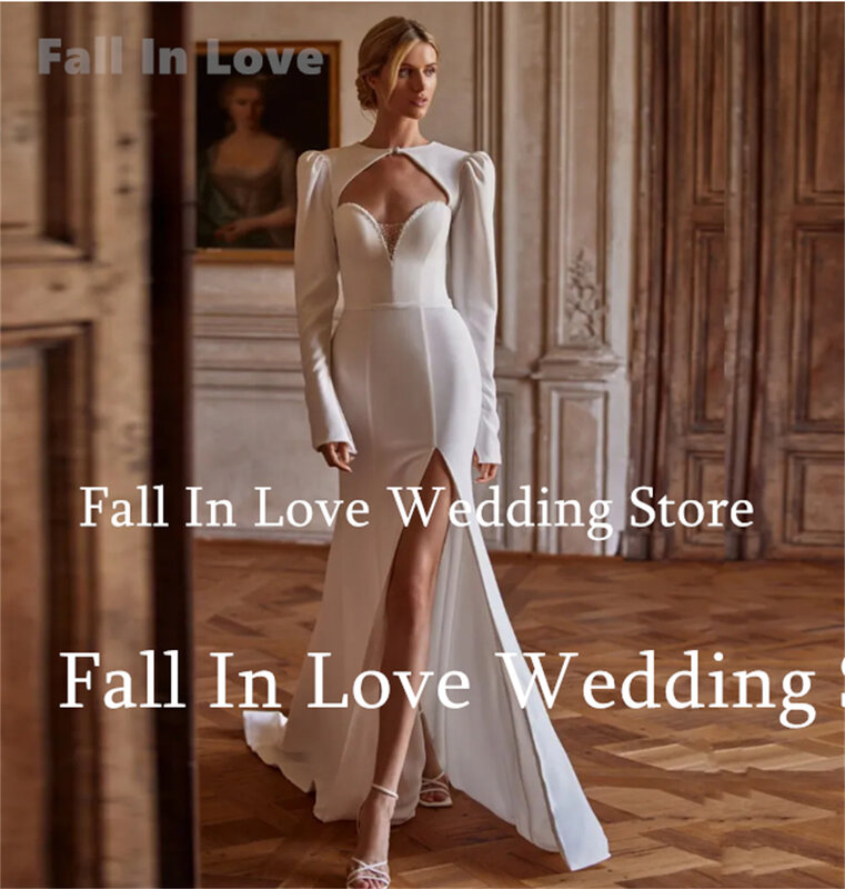 Zakochaj się seksowna biała satynowa suknia ślubna z okrągłym dekoltem z długim rękawem Sweep Train wyszczuplająca suknia ślubna syrenka nowe Vestidos De Novia