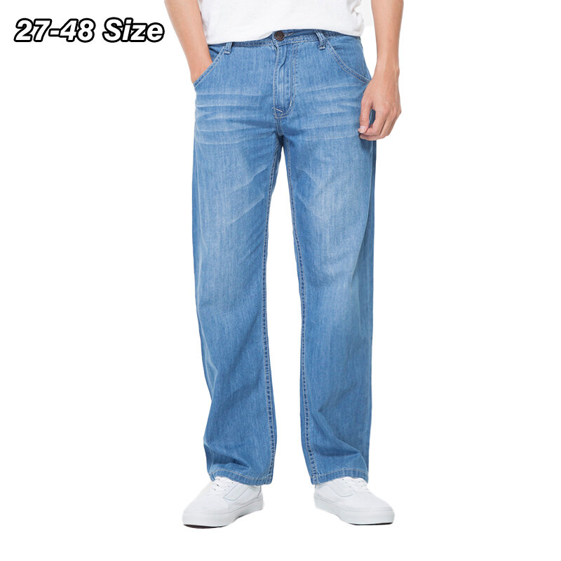 Pantalones vaqueros de talla grande 44 46 48 para hombre, Jeans de verano finos y holgados, clásicos, de pierna recta, 100% algodón, informales de marca a la moda