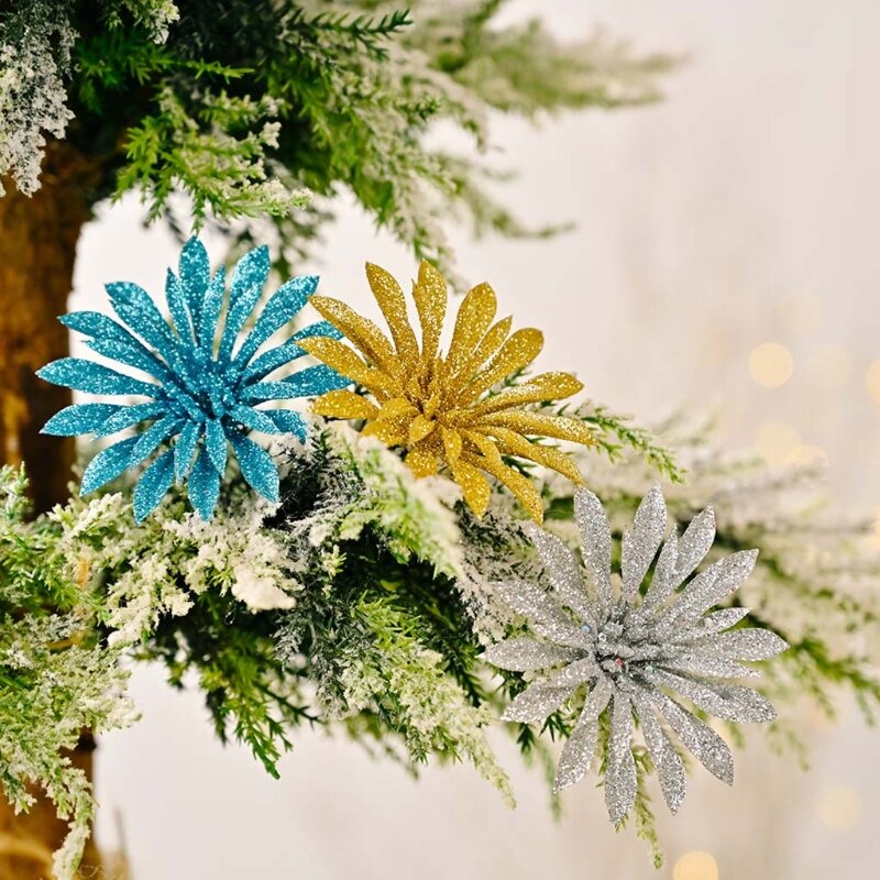 6 sztuk świąteczne brokatowe kwiaty dekoracyjny sztuczny kwiat na wieniec bożonarodzeniowy ozdoby choinkowe DIY świąteczne