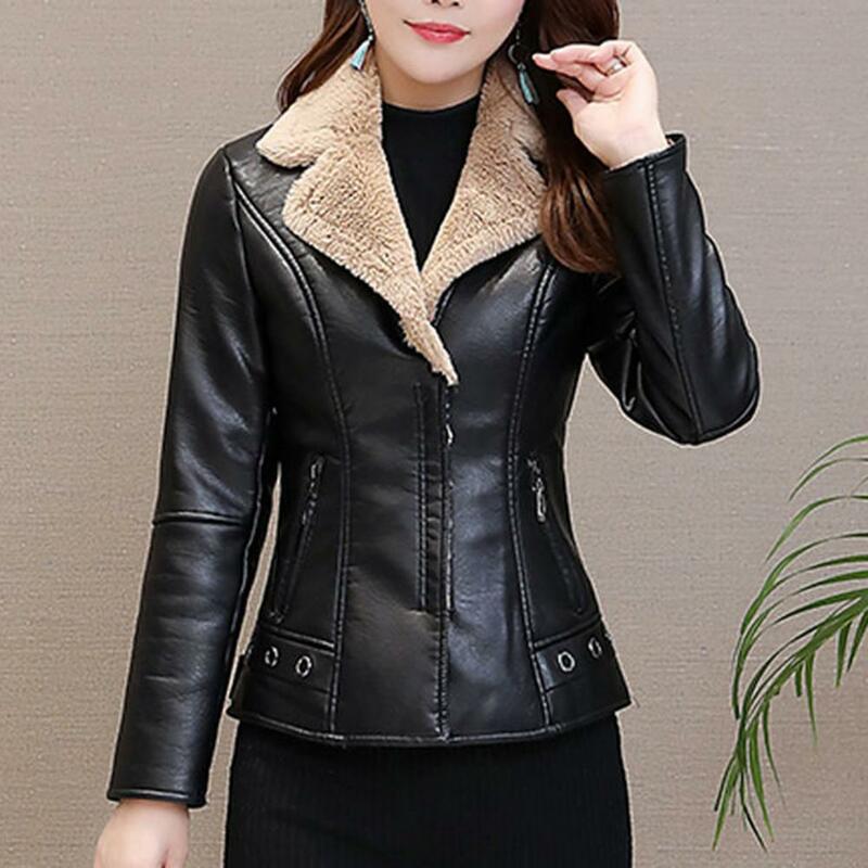 Women Jacket Stylish Faux Leather Women's Jacket with Plush Lining Zipper Pockets Slim Fit Design for Fall Winter Fashion Casual