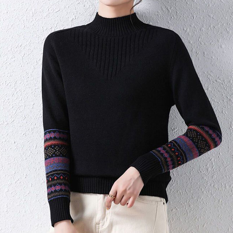 Sweater Rajut Luaran Kerah Setengah Tinggi Motif Bergaris Vintage Wanita Atasan Pullover Lengan Panjang Kasual Musim Gugur Musim Dingin Wanita