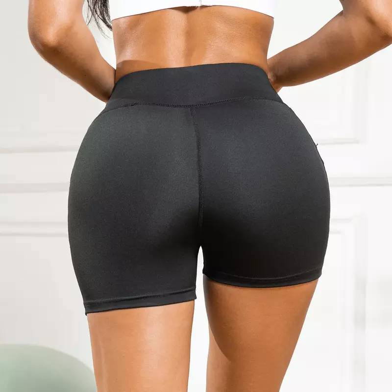 Celana pendek Yoga ketat Gym wanita, celana pendek ketat mengangkat bokong Yoga ukuran Plus dengan saku kebugaran lari celana pendek pengendara sepeda motor saku samping celana olahraga Nude