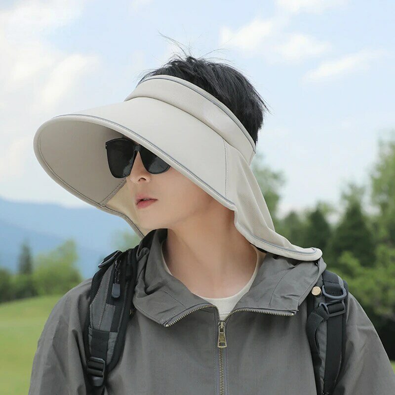 Topi pelindung matahari pinggiran besar pria, topi pantai Anti-UV atas kosong modis serbaguna Korea musim panas Ins