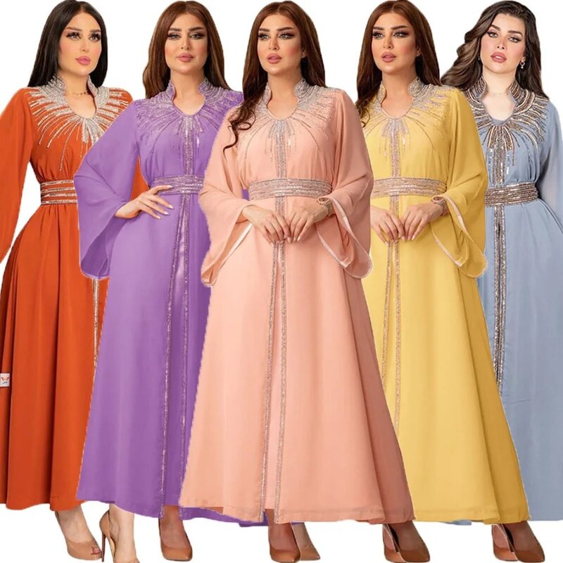 Роскошный Восточный кафтан со стразами, арабский халат, шифоновое платье с расклешенными рукавами, с кристаллами и ремнем, модная мусульманская джалабия, вечерняя одежда