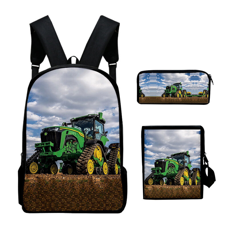 Mochila com tractor padrão para a escola, 3 pcs/set, com impressão 3d, para a escola, laptop, mochila, bolsa de ombro, estojo