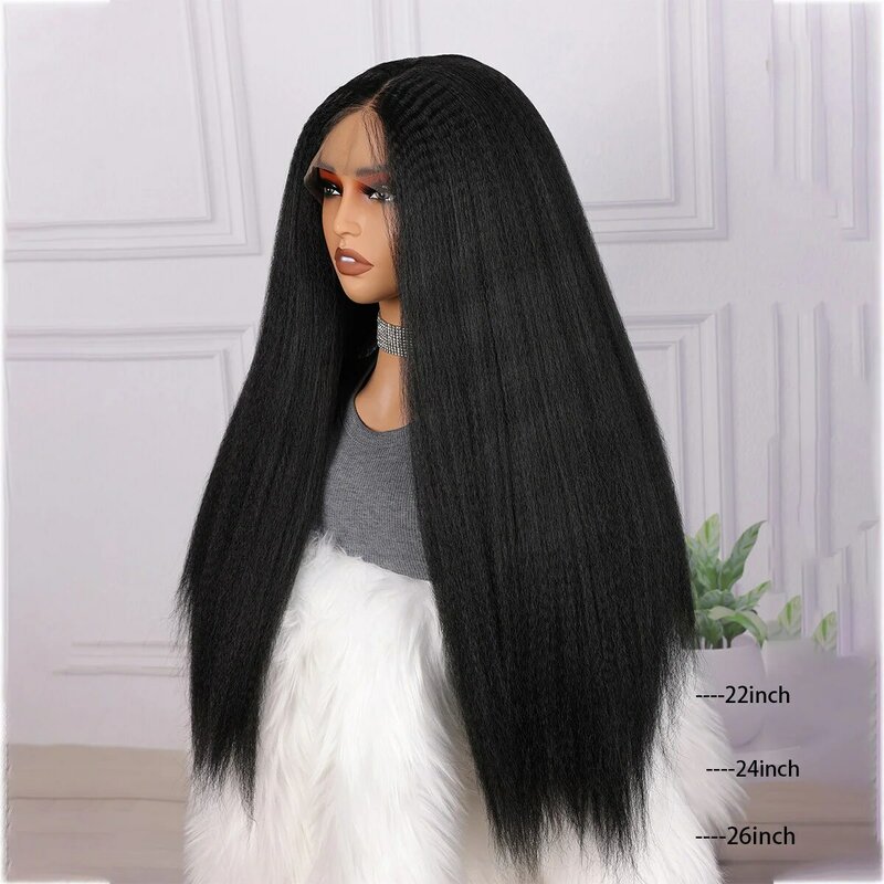 26 дюймов, Yaki, безклеевой Длинный мягкий парик плотности 180, Курчавый, прямой, с кружевом спереди, для женщин, Детские волосы, черный, предварительно выщипанный, термостойкий, повседневный