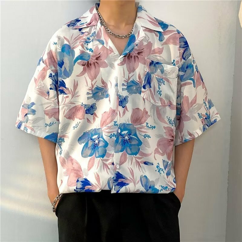 Kemeja bunga Vintage Hawai pria, mantel kemeja cetakan kasual longgar pas longgar tampan lengan pendek mode musim panas