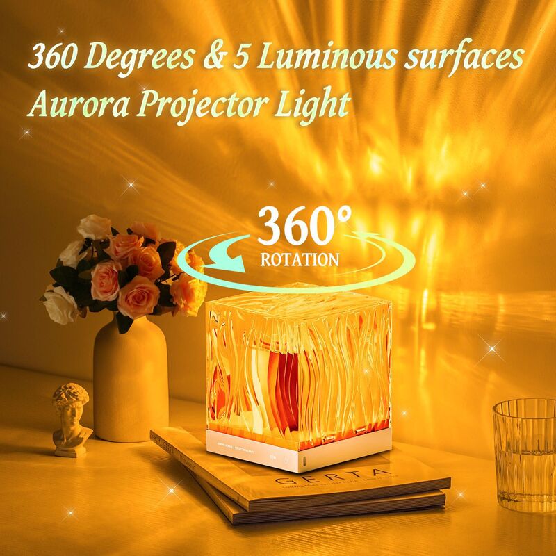 Lámpara LED de cristal giratoria para decoración de dormitorio, Northern Light RGB luz nocturna, ambiente de ondulación de agua, proyector de Aurora dinámica